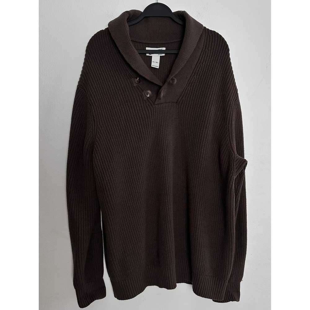 Duluth‎ Trading Co Mens 2XLT Brown Shawl Collar Ribbed Knit Sweater Elbow Patch
